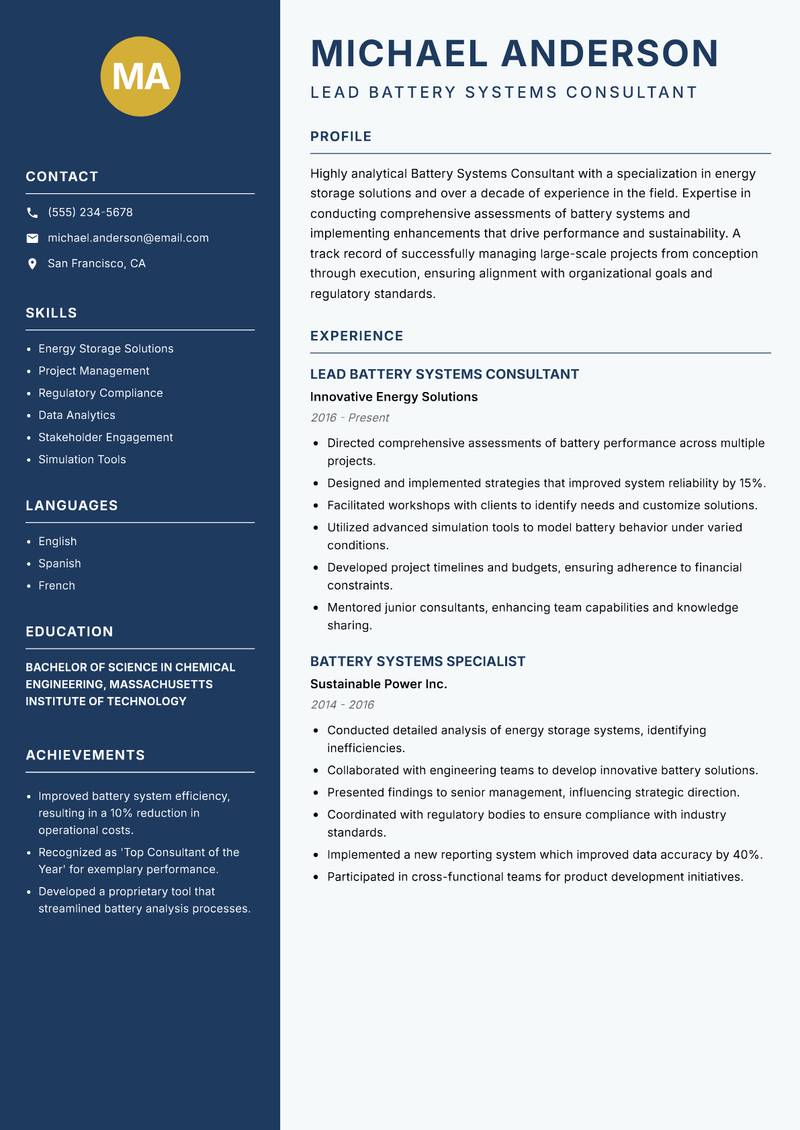 Battery Systems Consultant resume template — Classic Clean