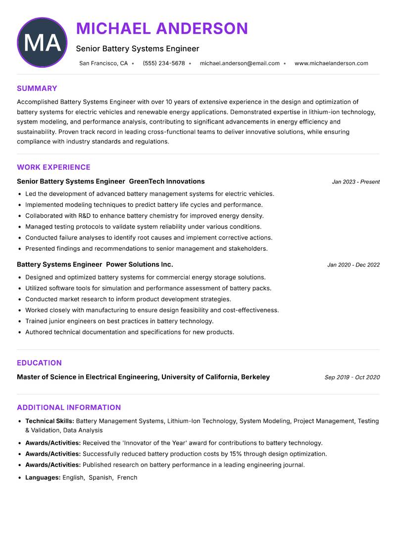 Battery Systems Engineer resume example — ATS-friendly template