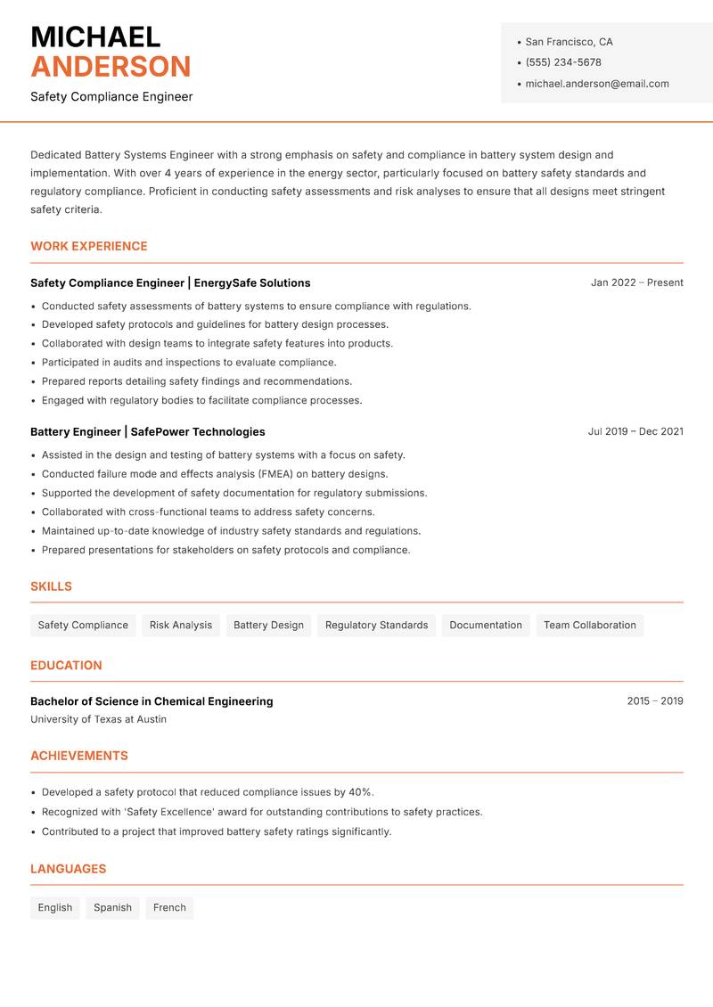 Battery Systems Engineer resume template — Modern Professional