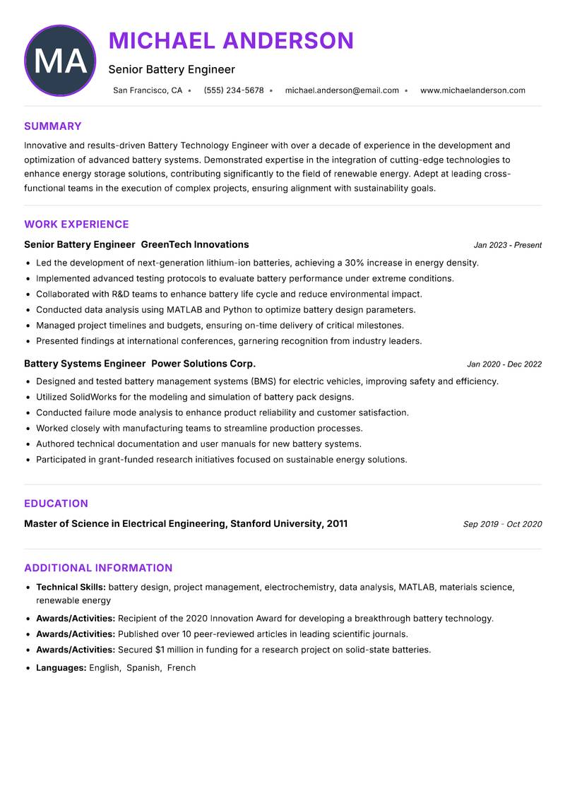 Battery Technology Engineer resume example — ATS-friendly template