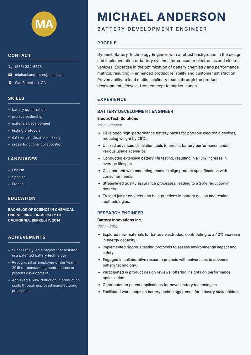 Battery Technology Engineer resume template — Classic Clean
