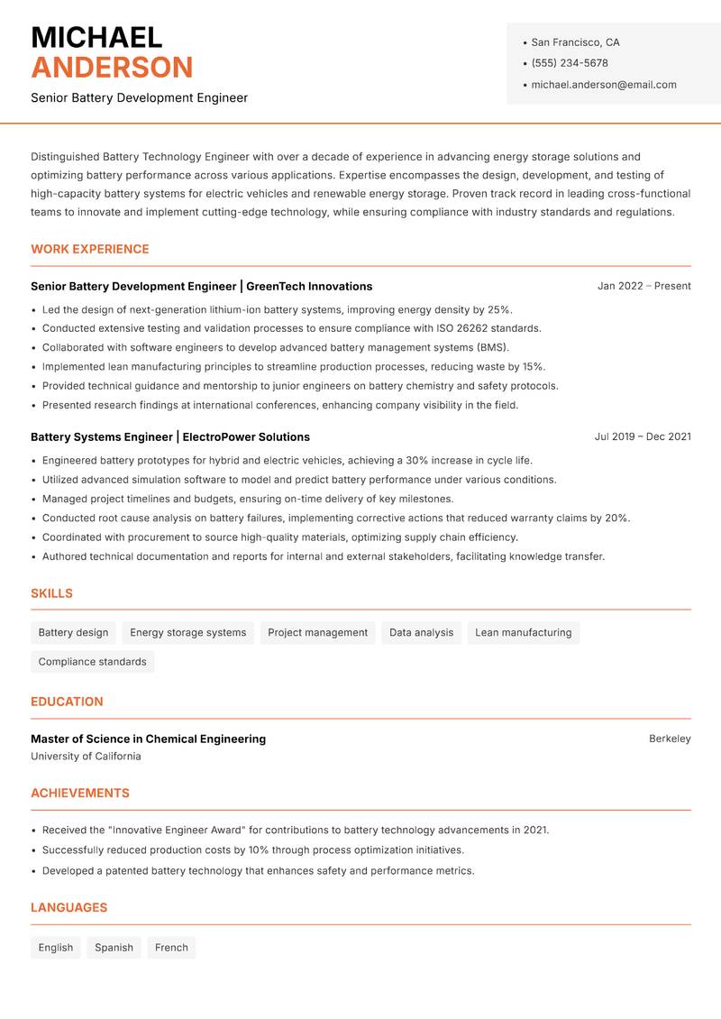 Battery Technology Engineer resume template — Modern Professional