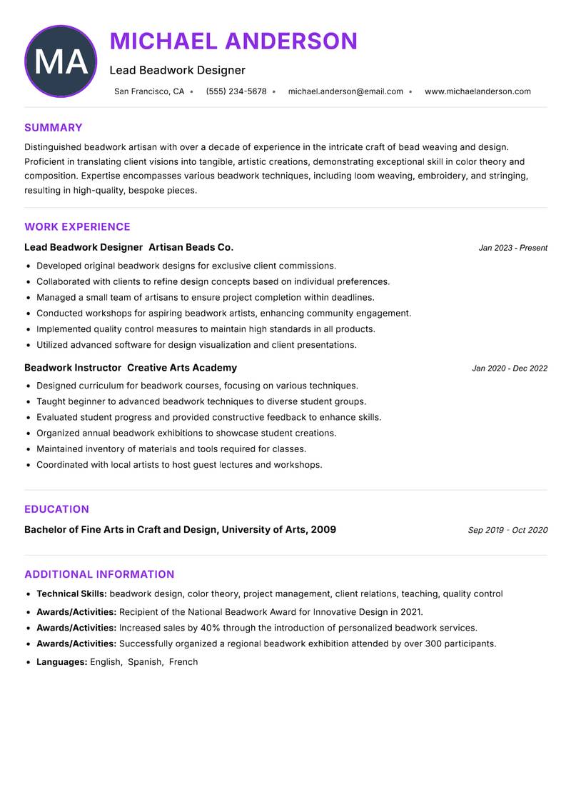 Beadwork Artisan resume example — ATS-friendly template
