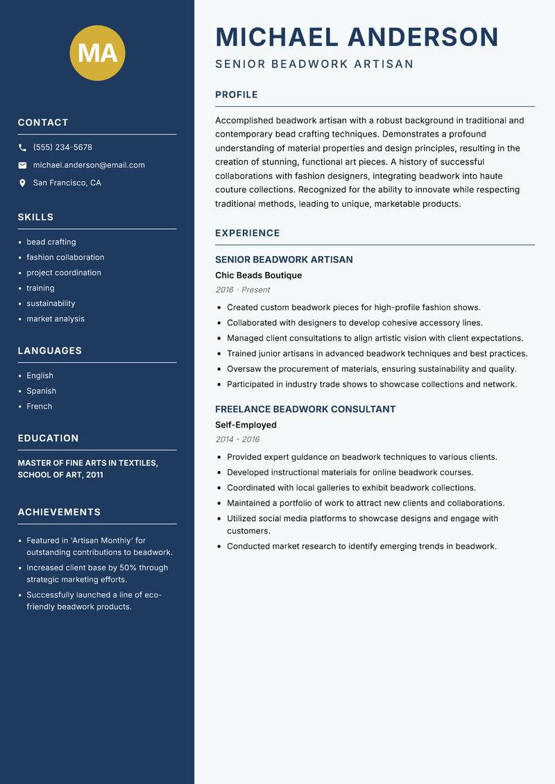 Beadwork Artisan resume template — Classic Clean