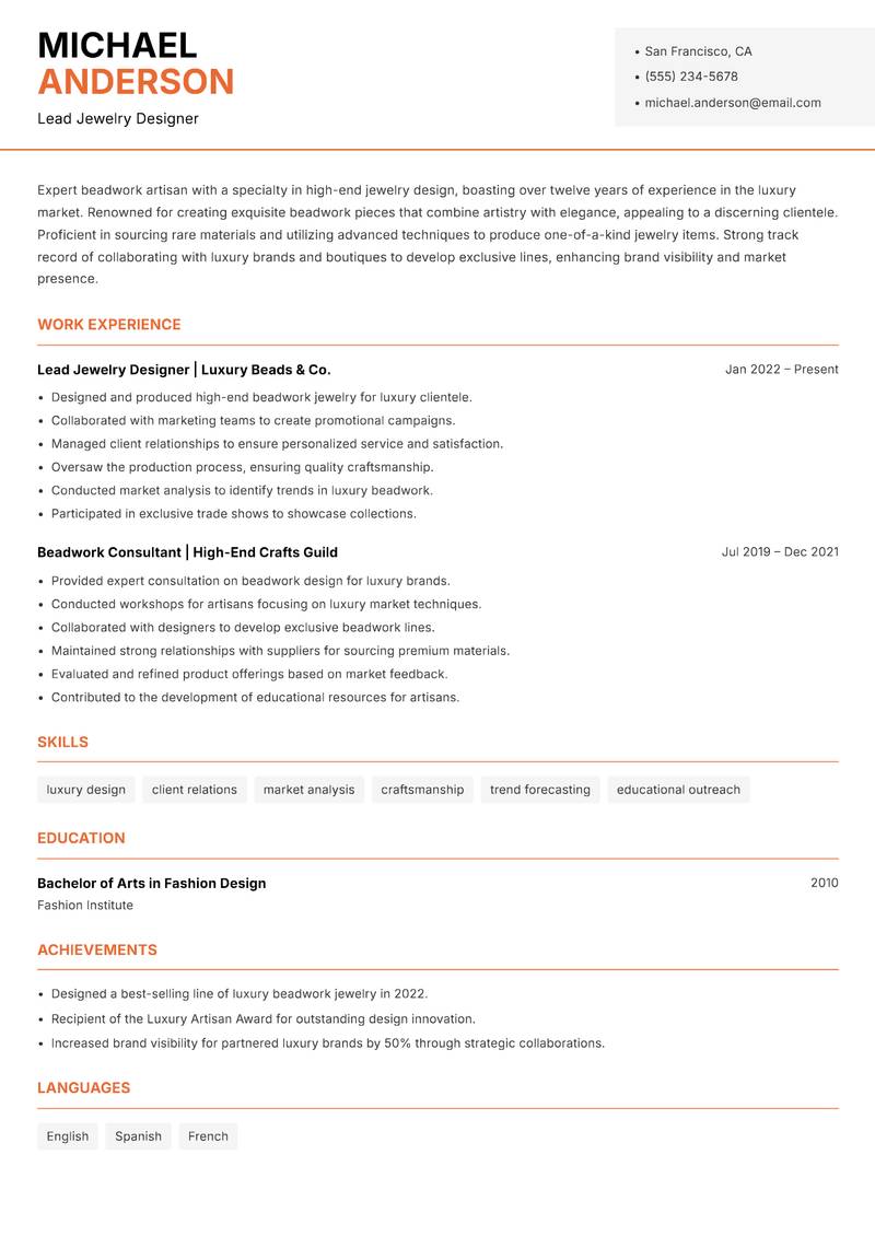 Beadwork Artisan resume template — Modern Professional