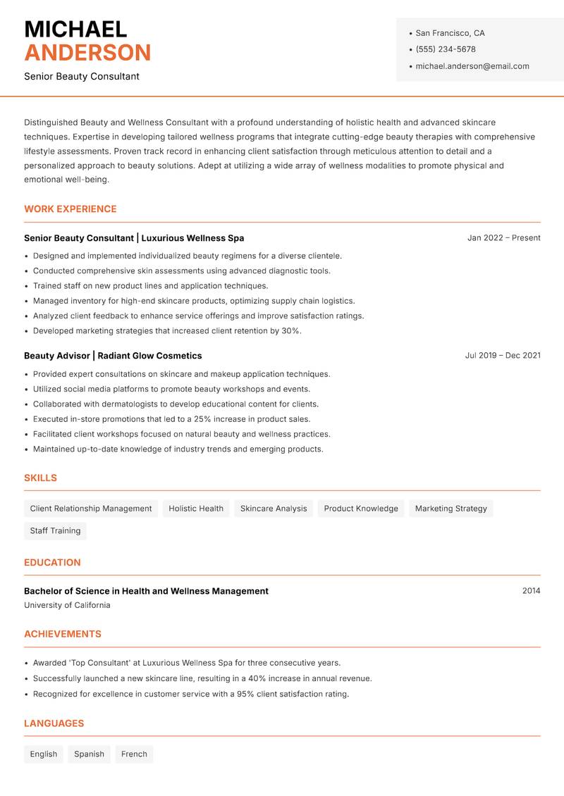 Beauty and Wellness Consultant resume template — Modern Professional