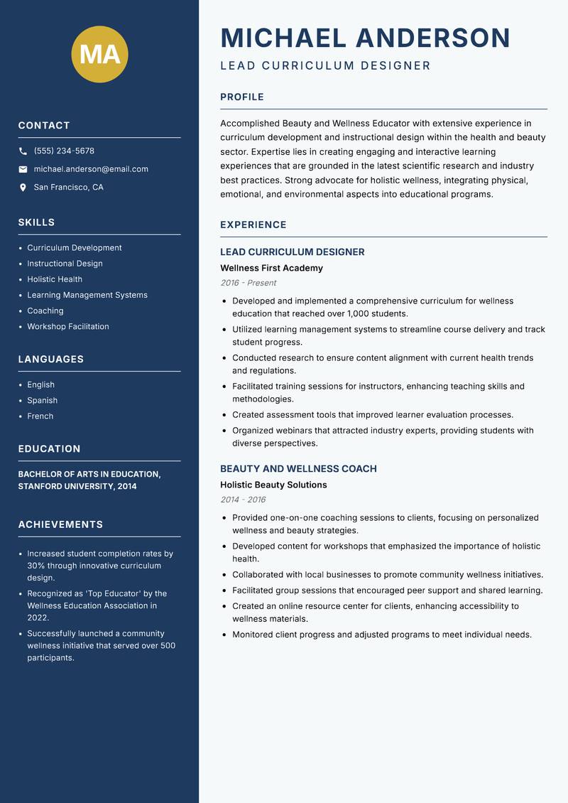 Beauty and Wellness Educator resume template — Classic Clean