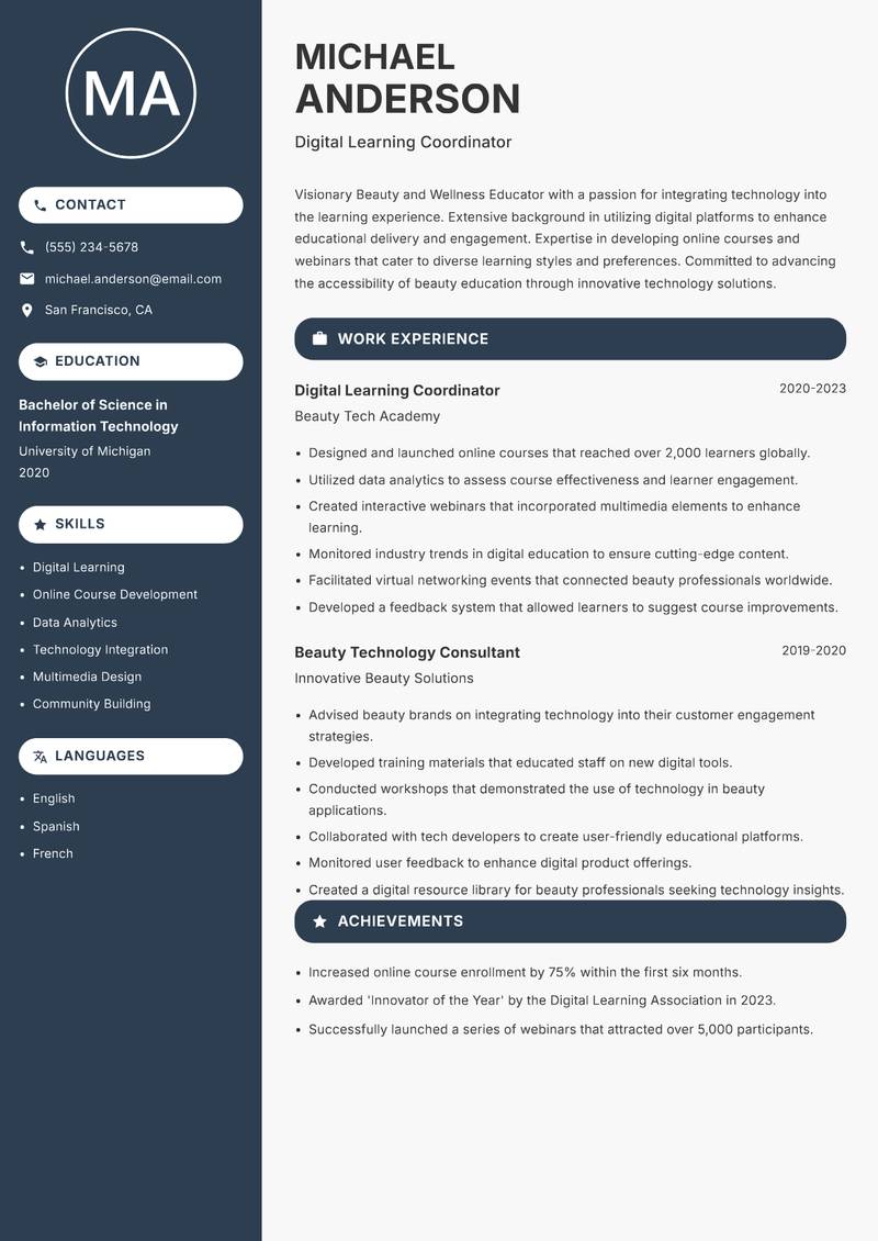 Beauty and Wellness Educator resume template — Compact