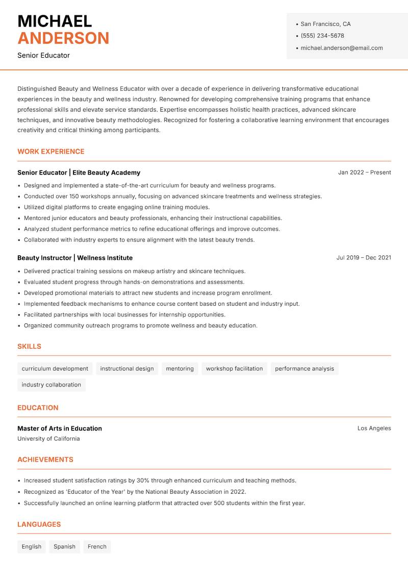 Beauty and Wellness Educator resume template — Modern Professional