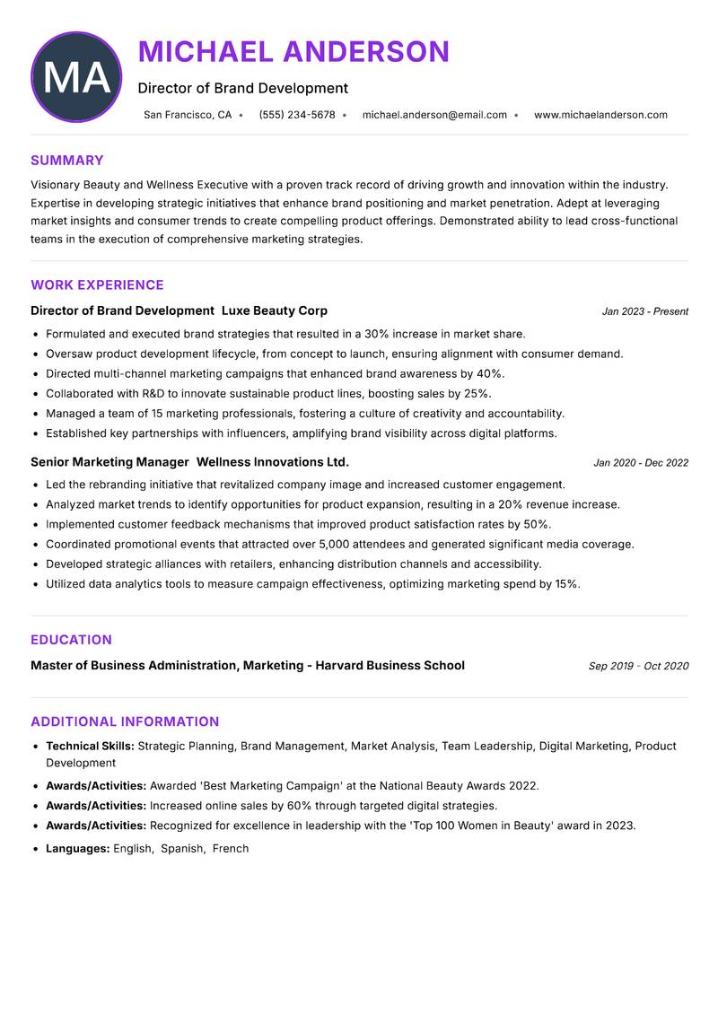 Beauty and Wellness Executive resume example — ATS-friendly template
