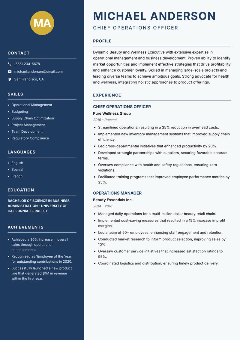 Beauty and Wellness Executive resume template — Classic Clean