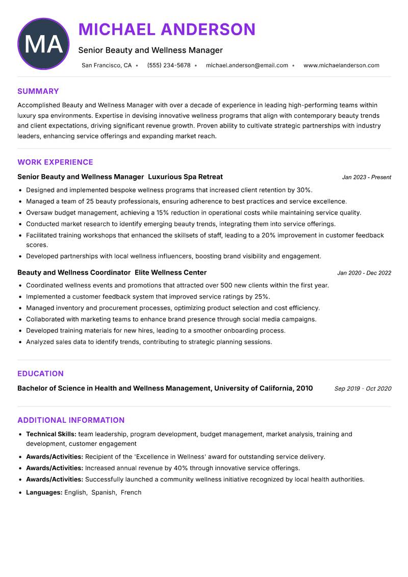 Beauty and Wellness Manager resume example — ATS-friendly template