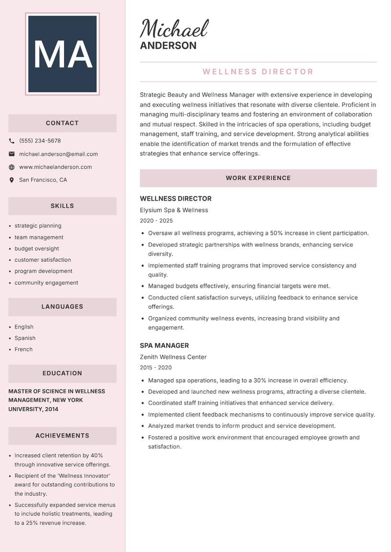 Beauty and Wellness Manager resume template — Executive