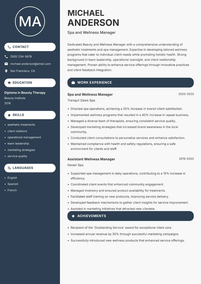 Beauty and Wellness Manager resume template — Compact