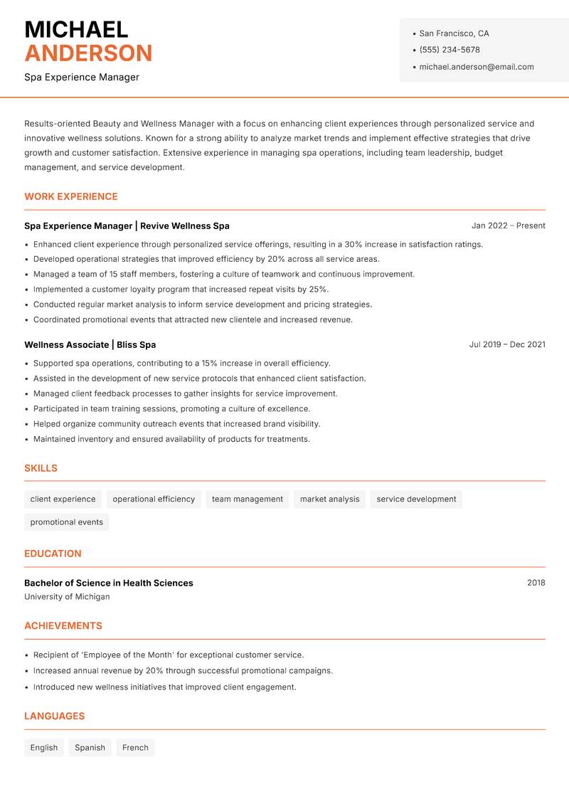 Beauty and Wellness Manager resume template — Modern Professional