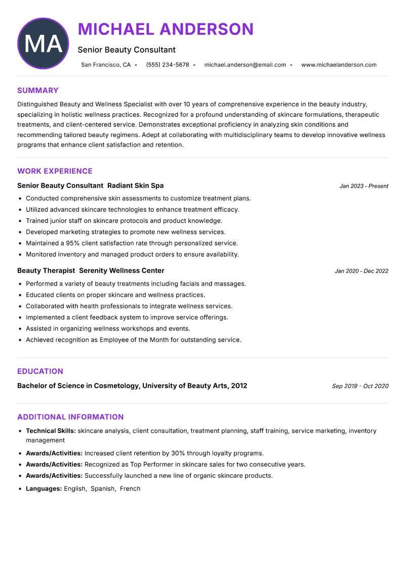 Beauty and Wellness Specialist resume example — ATS-friendly template