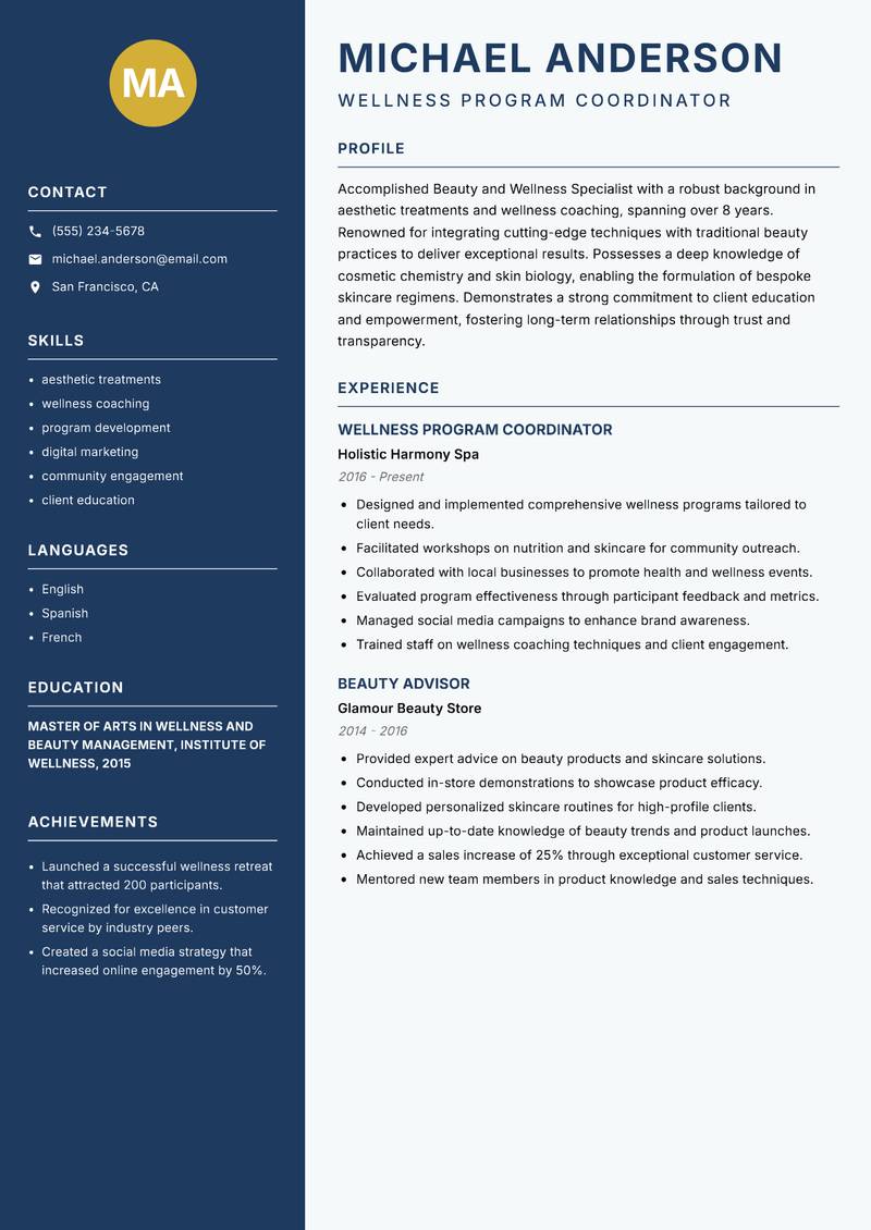 Beauty and Wellness Specialist resume template — Classic Clean