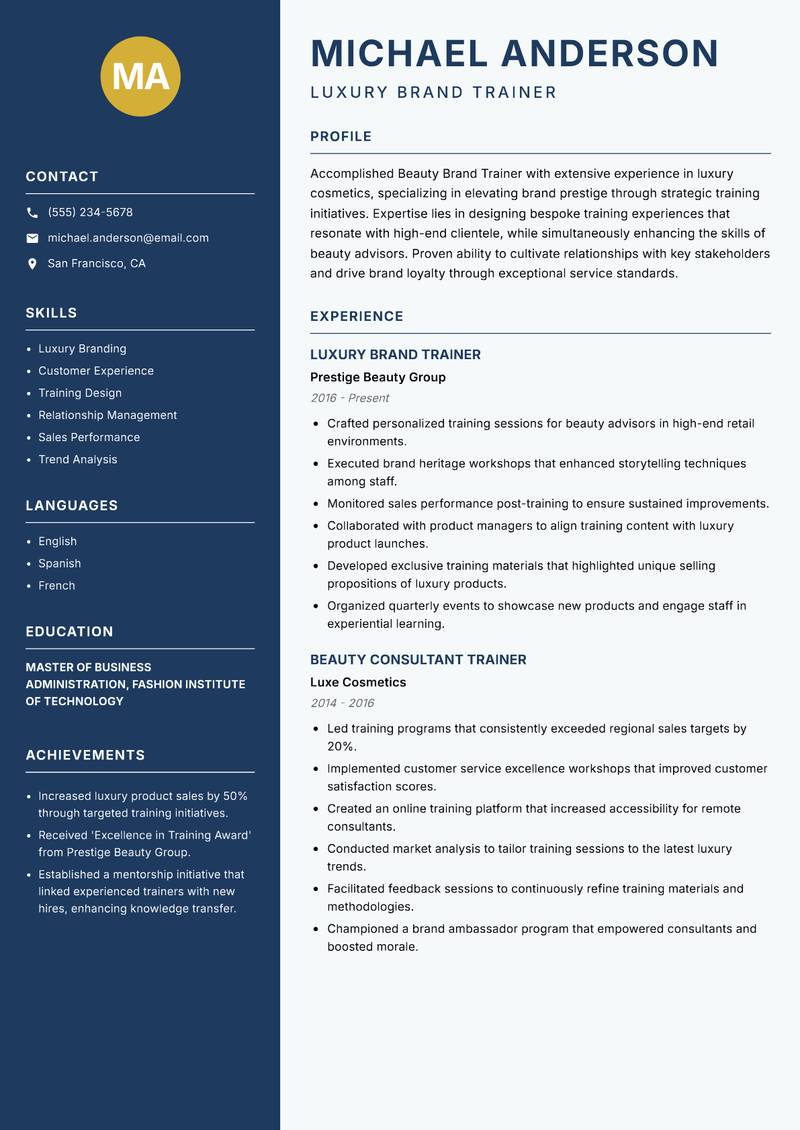 Beauty Brand Trainer resume template — Classic Clean