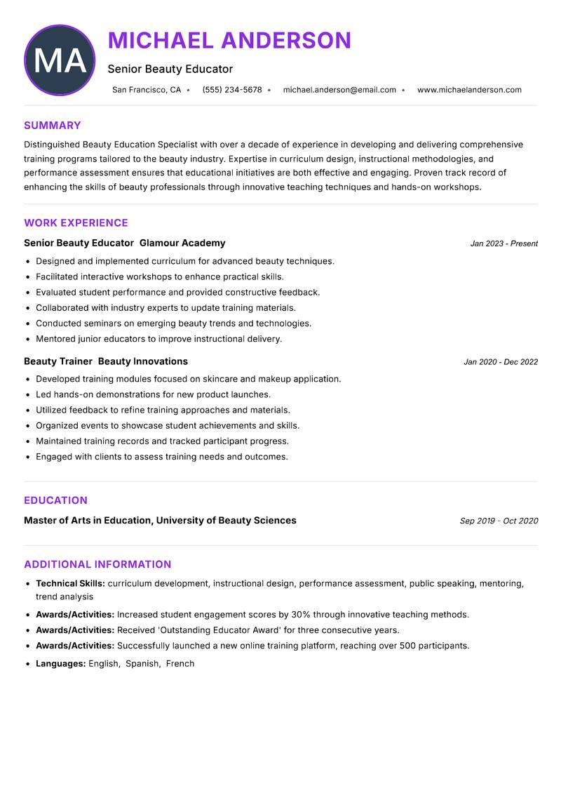 Beauty Education Specialist resume example — ATS-friendly template