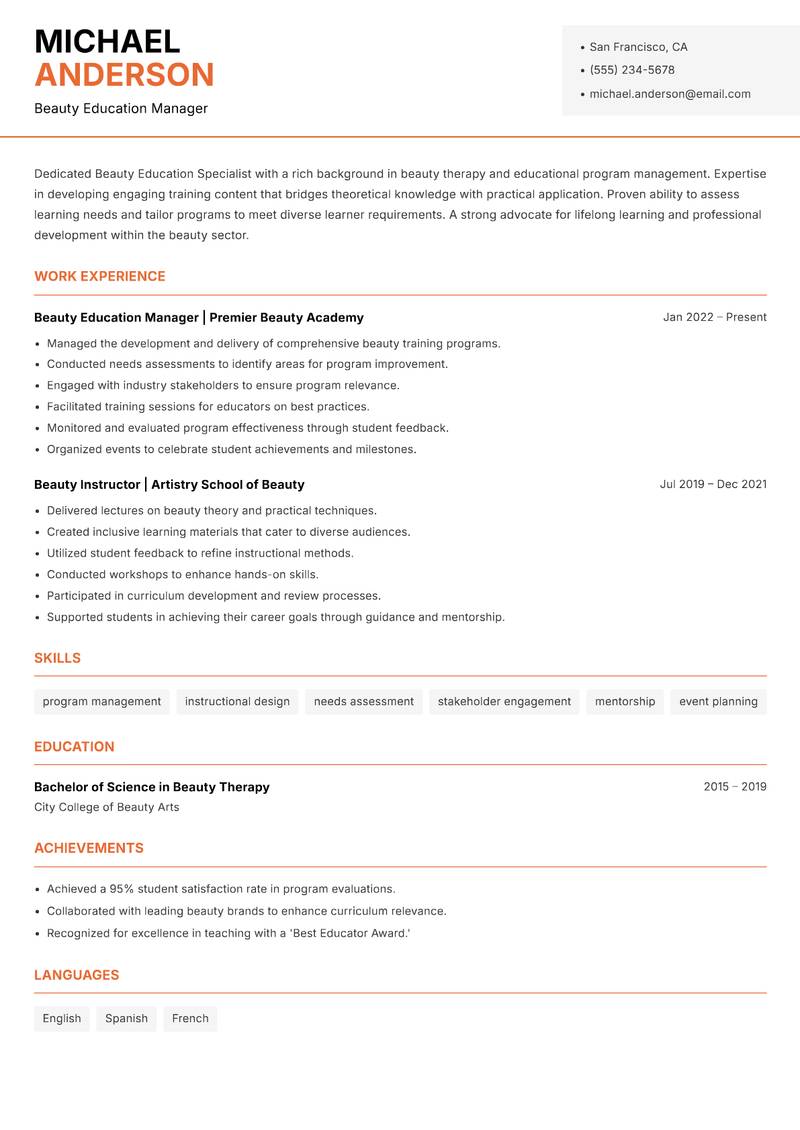 Beauty Education Specialist resume template — Modern Professional