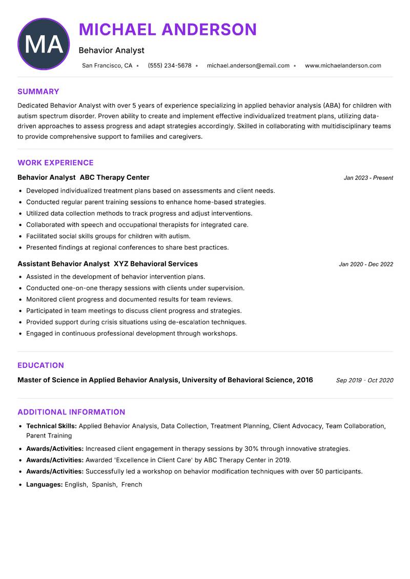 Behavior Analyst resume example — ATS-friendly template