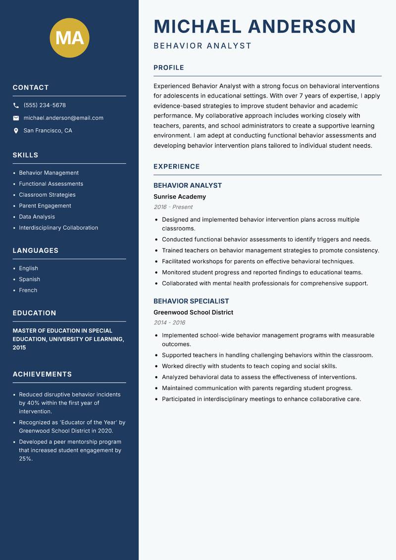 Behavior Analyst resume template — Classic Clean