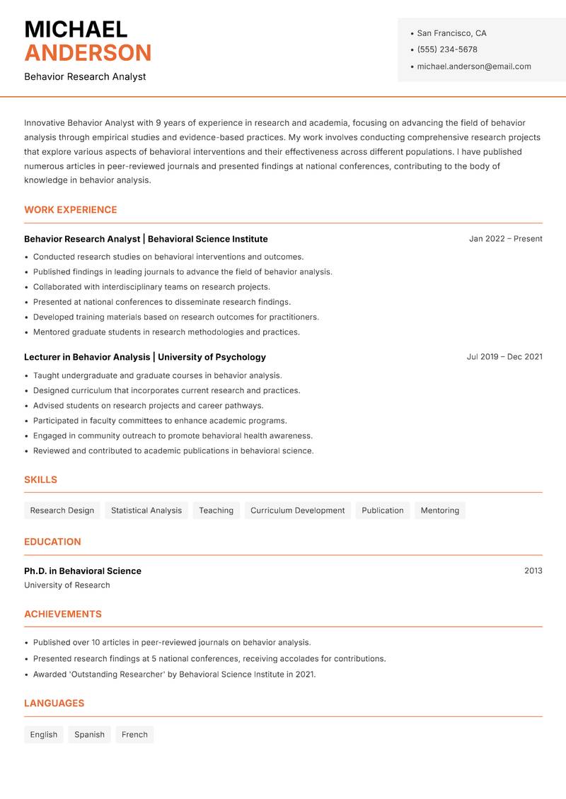 Behavior Analyst resume template — Modern Professional