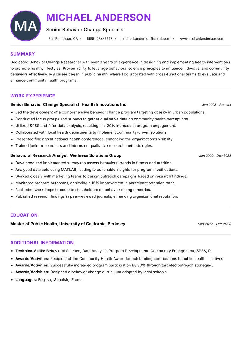 Behavior Change Researcher resume example — ATS-friendly template
