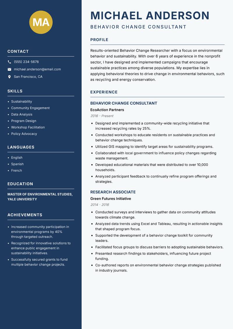 Behavior Change Researcher resume template — Classic Clean
