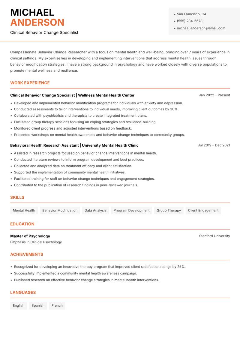 Behavior Change Researcher resume template — Modern Professional