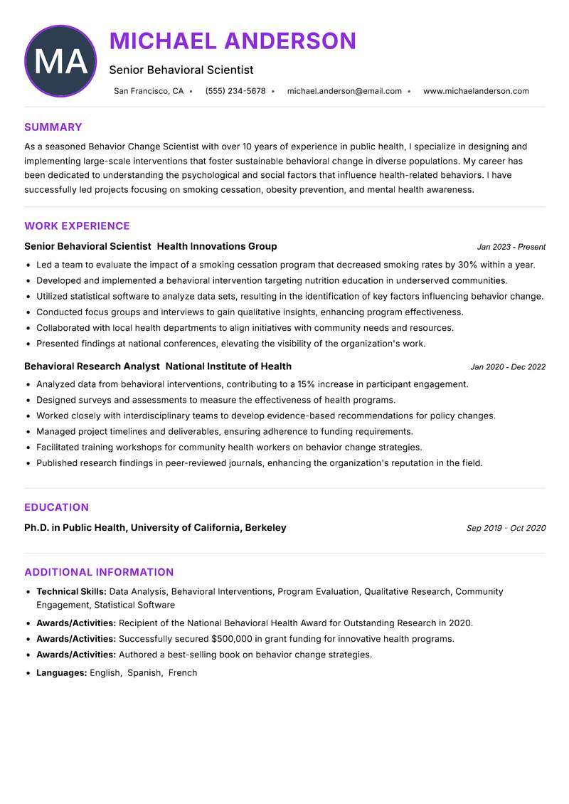 Behavior Change Scientist resume example — ATS-friendly template