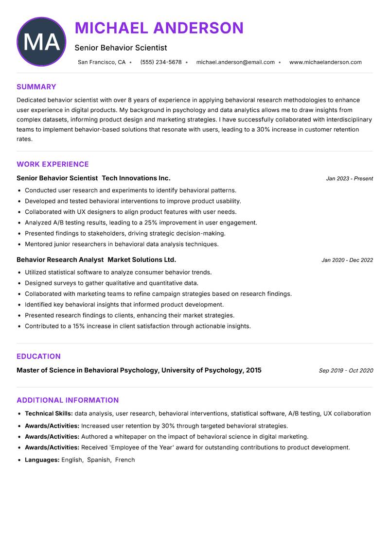 Behavior Scientist resume example — ATS-friendly template