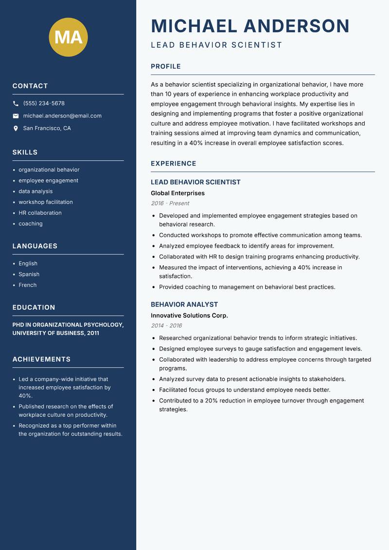 Behavior Scientist resume template — Classic Clean