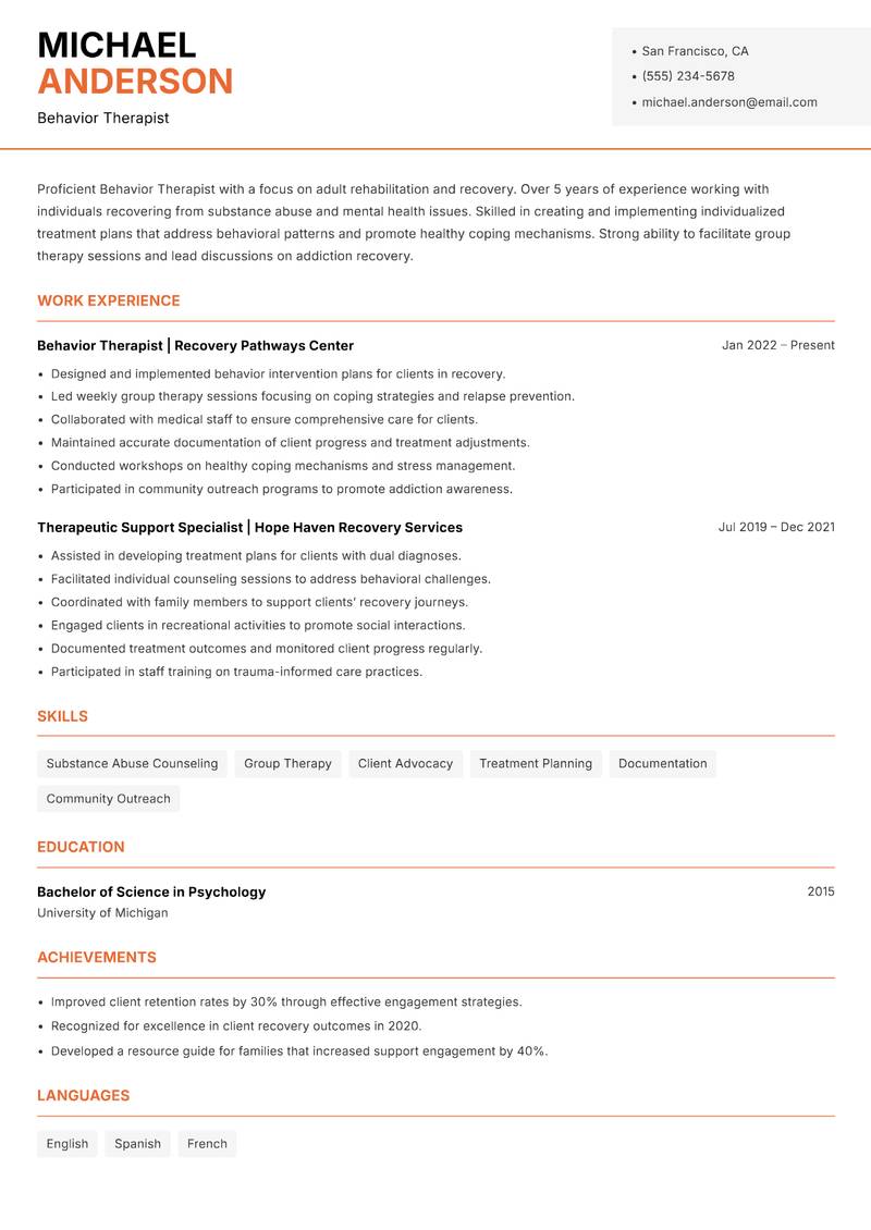Behavior Therapist resume template — Modern Professional