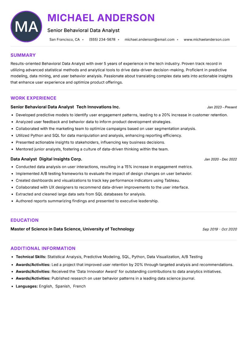 Behavioral Data Analyst resume example — ATS-friendly template