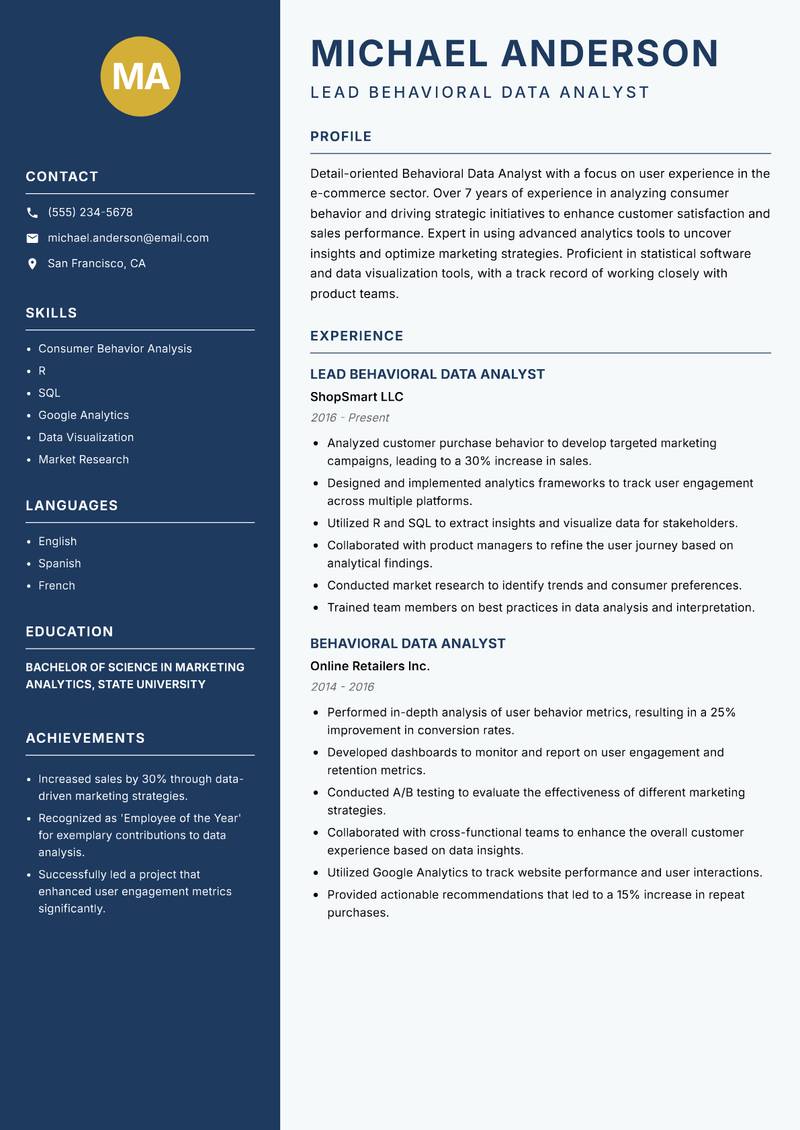 Behavioral Data Analyst resume template — Classic Clean
