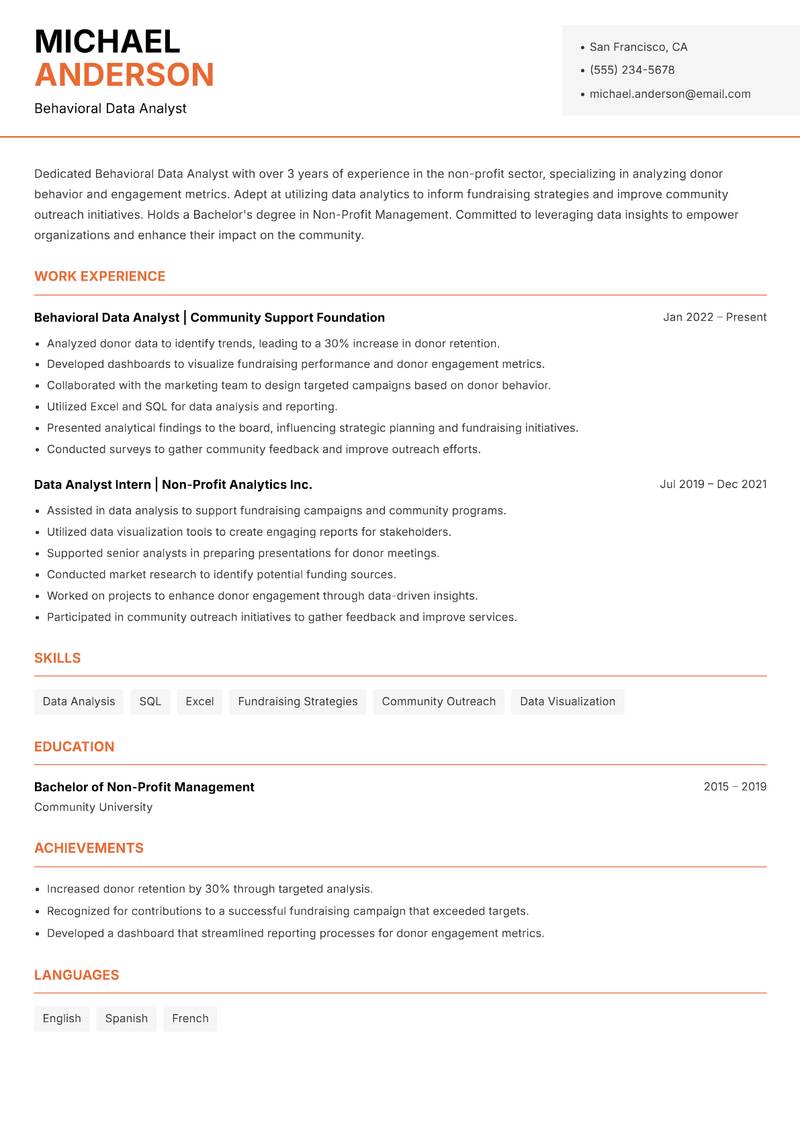 Behavioral Data Analyst resume template — Modern Professional