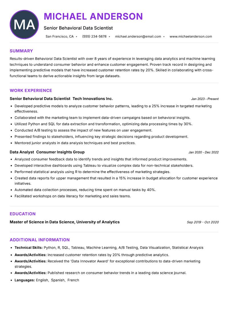 Behavioral Data Scientist resume example — ATS-friendly template