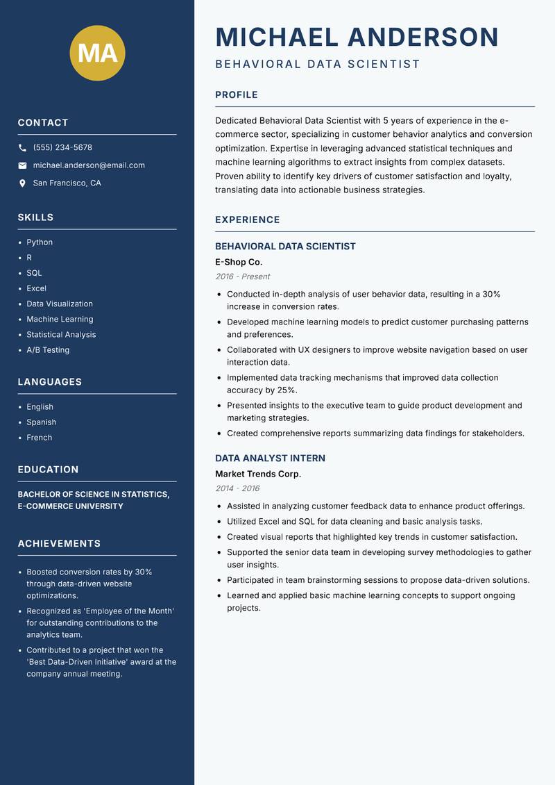 Behavioral Data Scientist resume template — Classic Clean