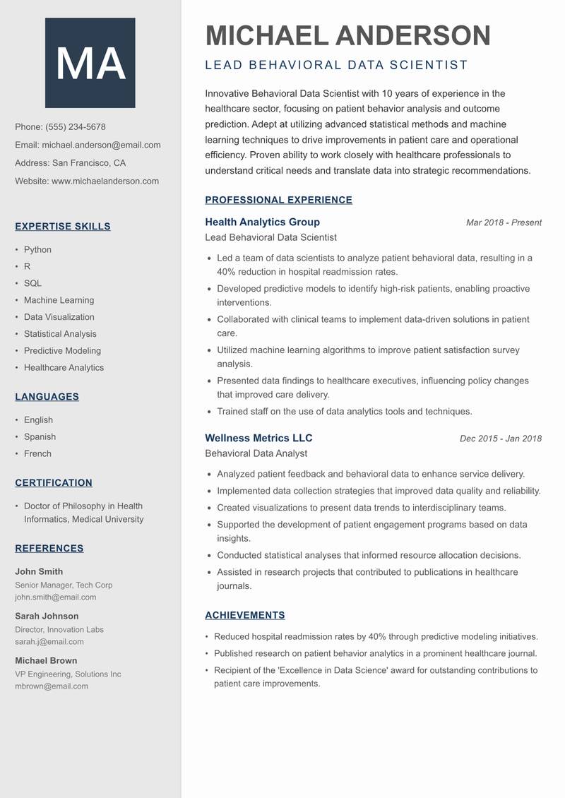 Behavioral Data Scientist resume template — Creative Minimal