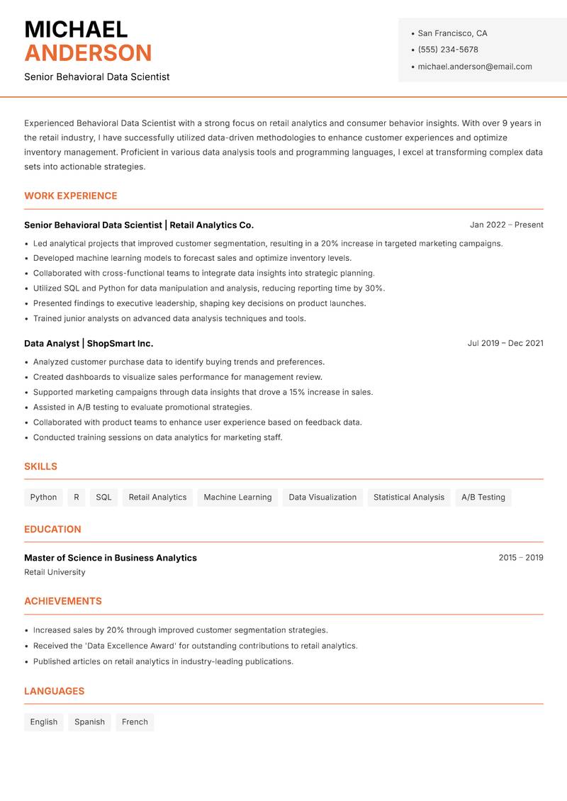 Behavioral Data Scientist resume template — Modern Professional