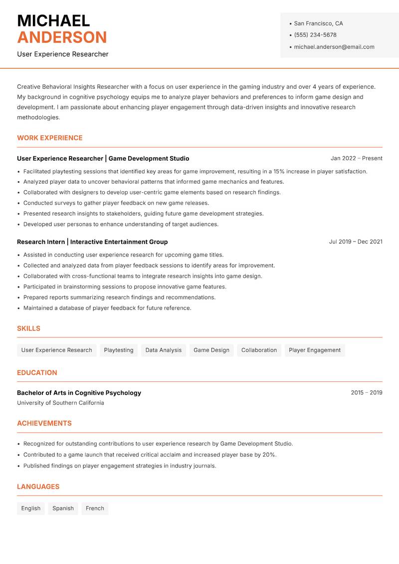 Behavioral Insights Researcher resume template — Modern Professional