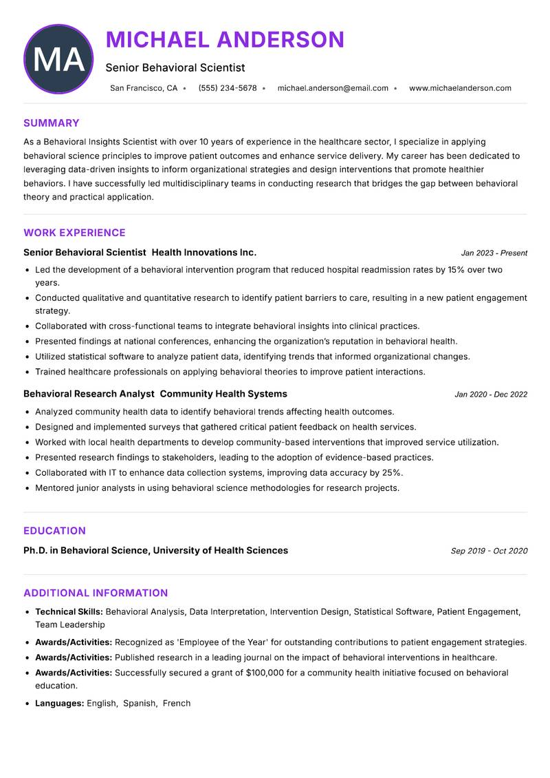 Behavioral Insights Scientist resume example — ATS-friendly template