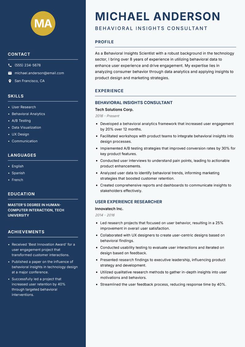Behavioral Insights Scientist resume template — Classic Clean