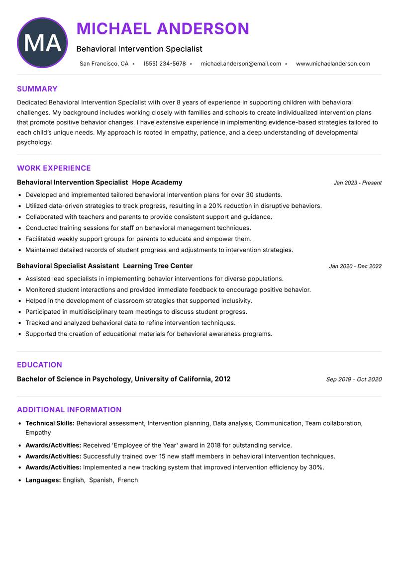 Behavioral Intervention Specialist resume example — ATS-friendly template