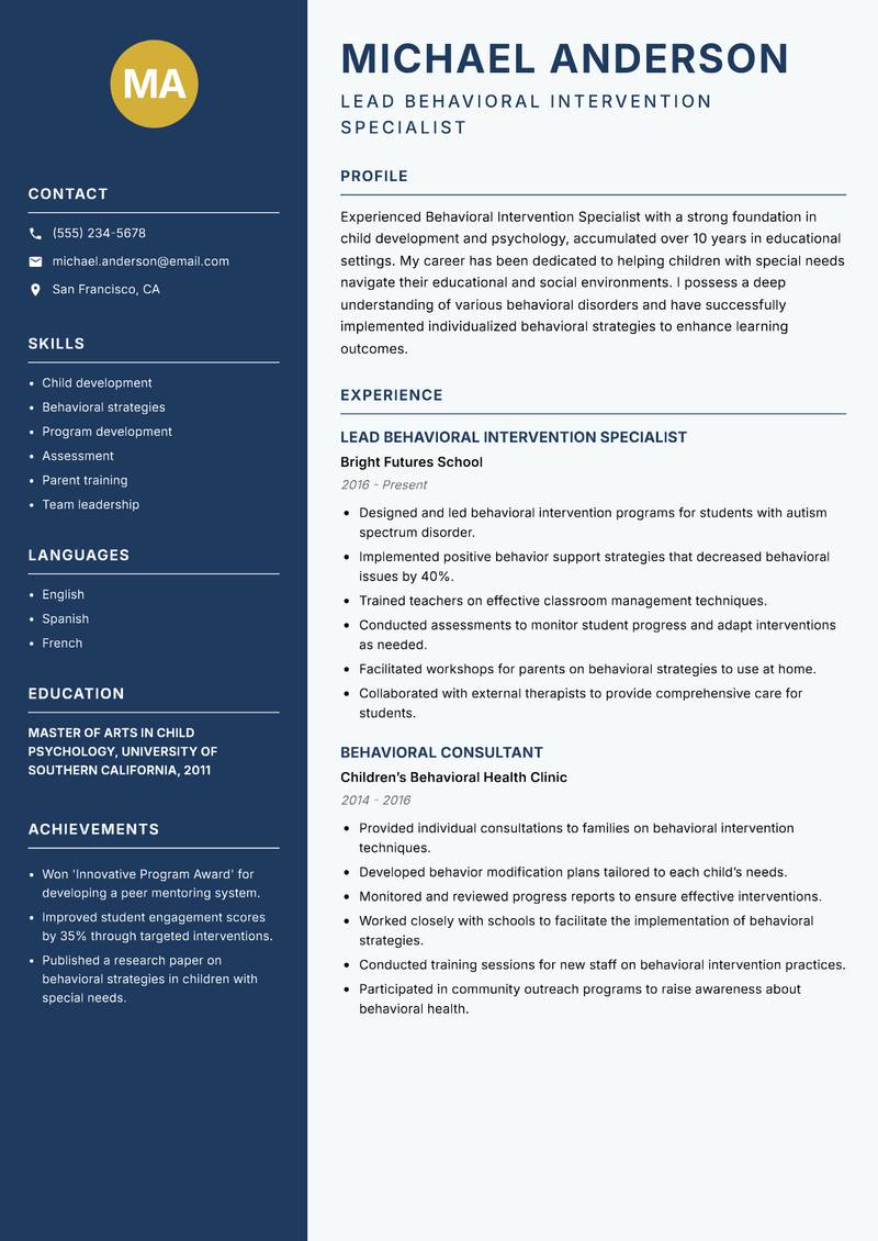 Behavioral Intervention Specialist resume template — Classic Clean