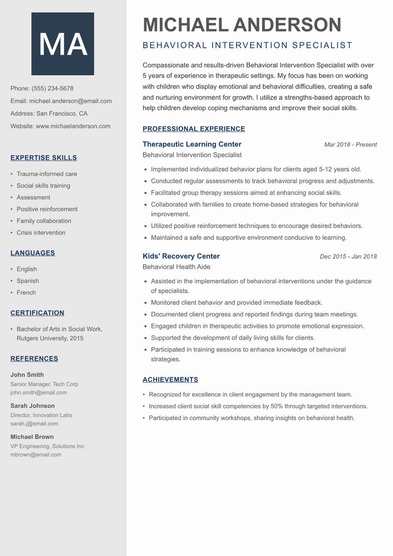 Behavioral Intervention Specialist resume template — Creative Minimal