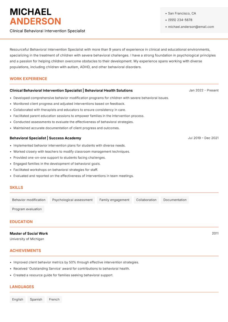 Behavioral Intervention Specialist resume template — Modern Professional