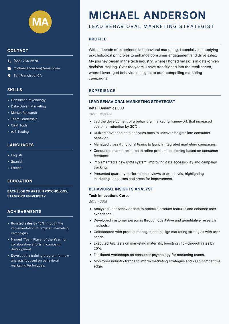 Behavioral Marketing Scientist resume template — Classic Clean