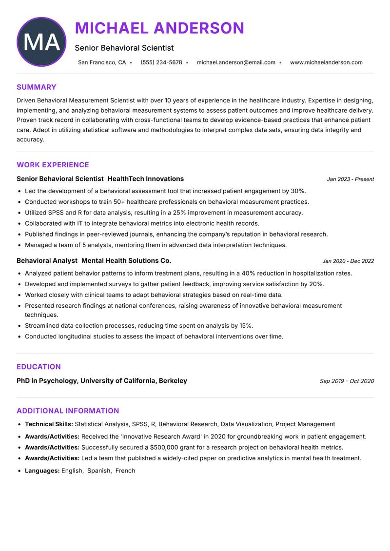Behavioral Measurement Scientist resume example — ATS-friendly template